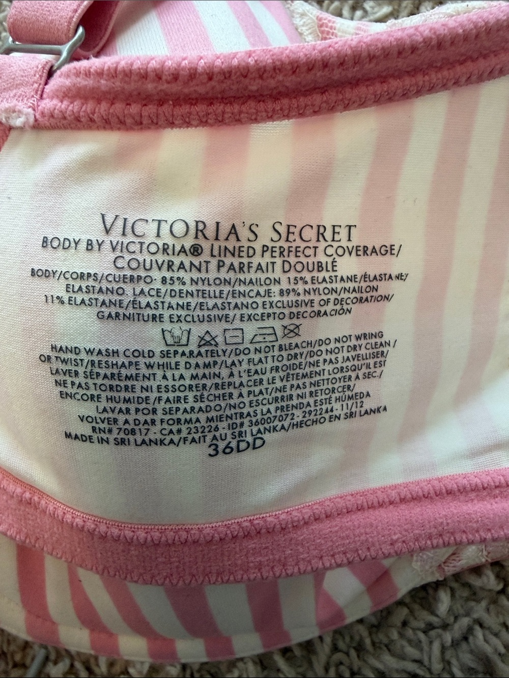 Victoria's Secret Pink & White Striped Lace Accent Bra 36 DD - Picture 4 of 4